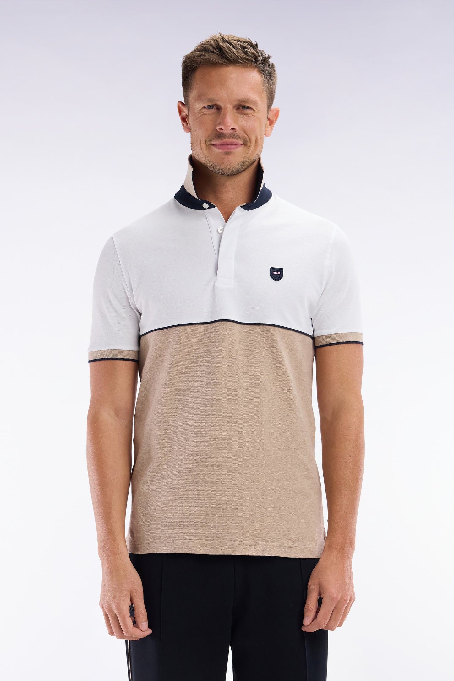 Slim-fit two-tone beige stretch cotton short-sleeved polo shirt