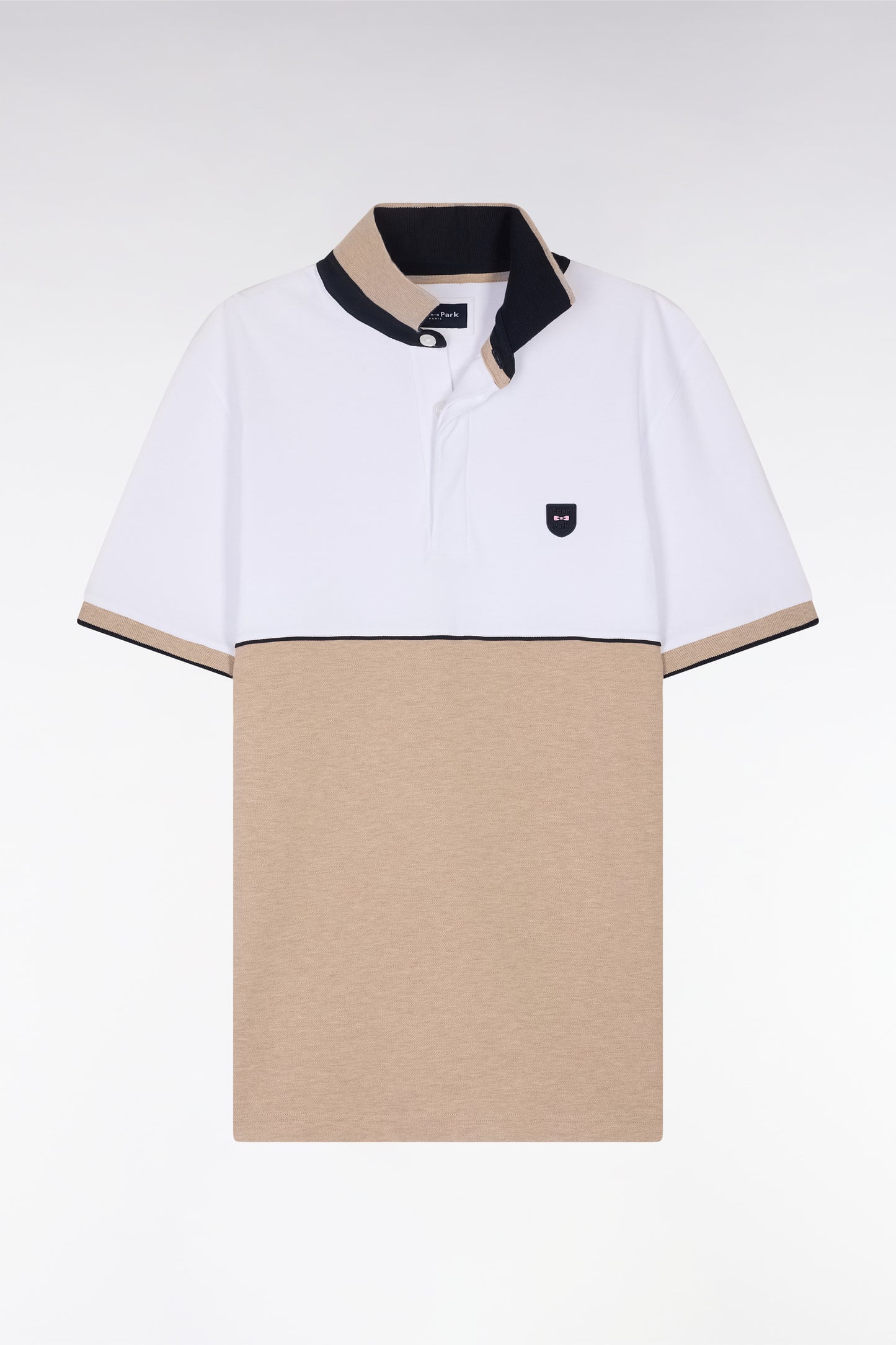 Slim-fit two-tone beige stretch cotton short-sleeved polo shirt