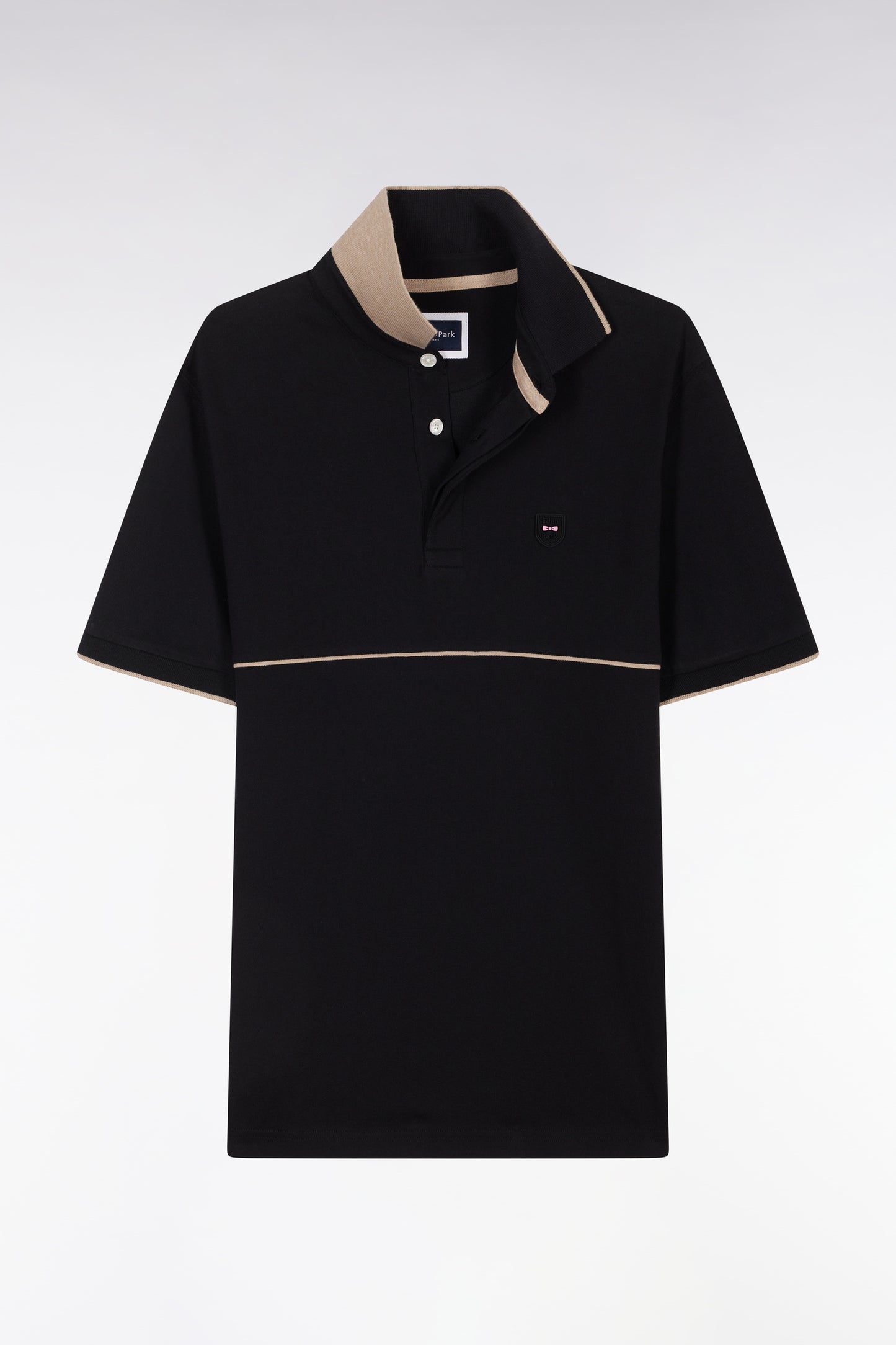 Slim-fit two-tone black stretch cotton short-sleeved polo shirt