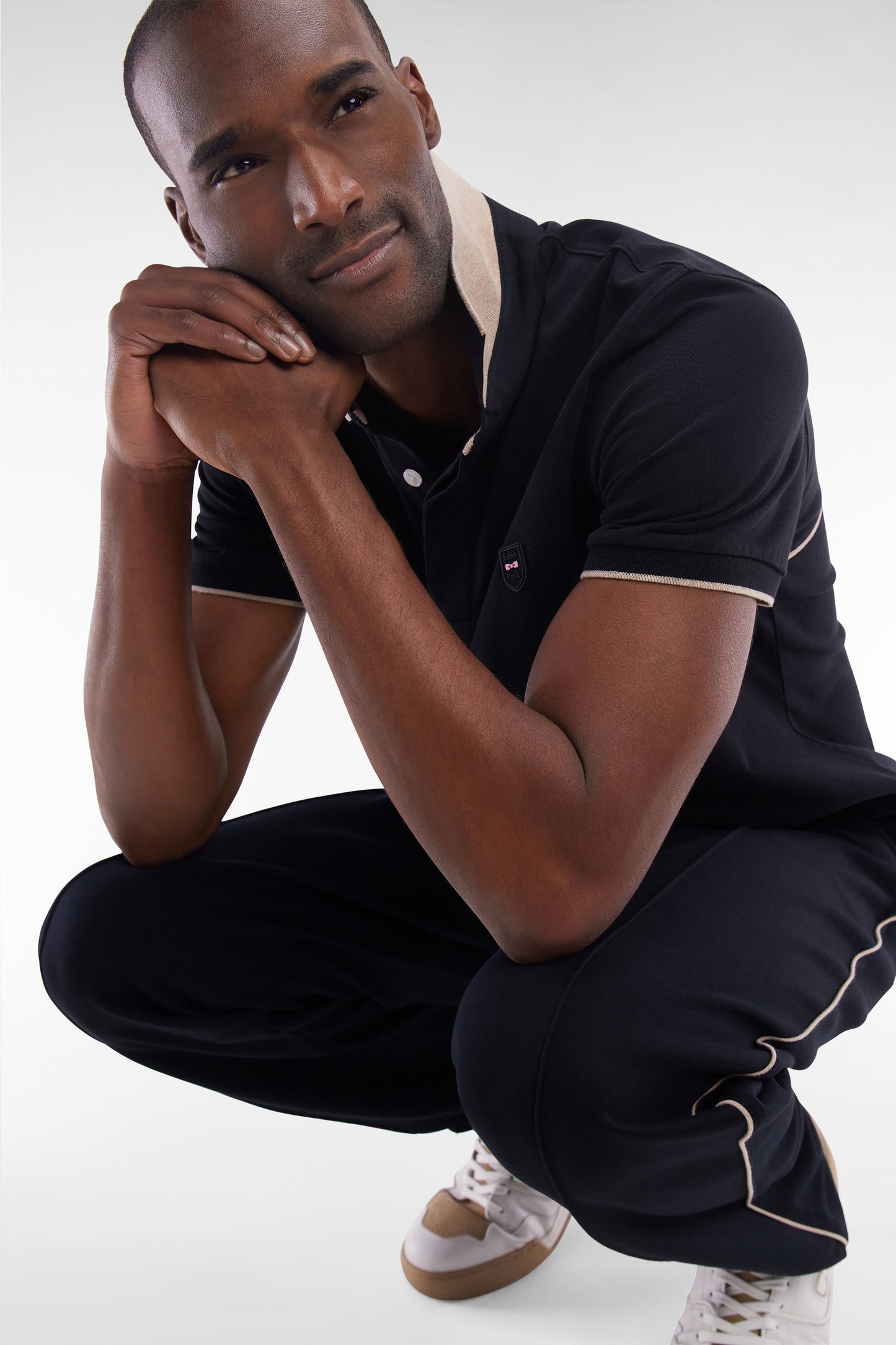 Slim-fit two-tone black stretch cotton short-sleeved polo shirt