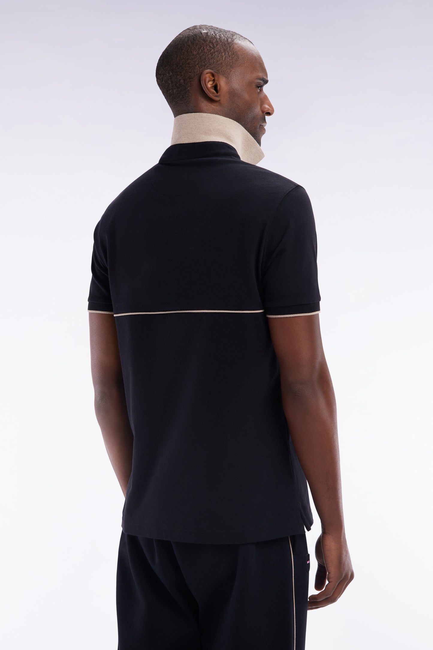 Slim-fit two-tone black stretch cotton short-sleeved polo shirt