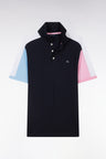 Straight-cut navy blue colorblock short-sleeved cotton polo shirt
