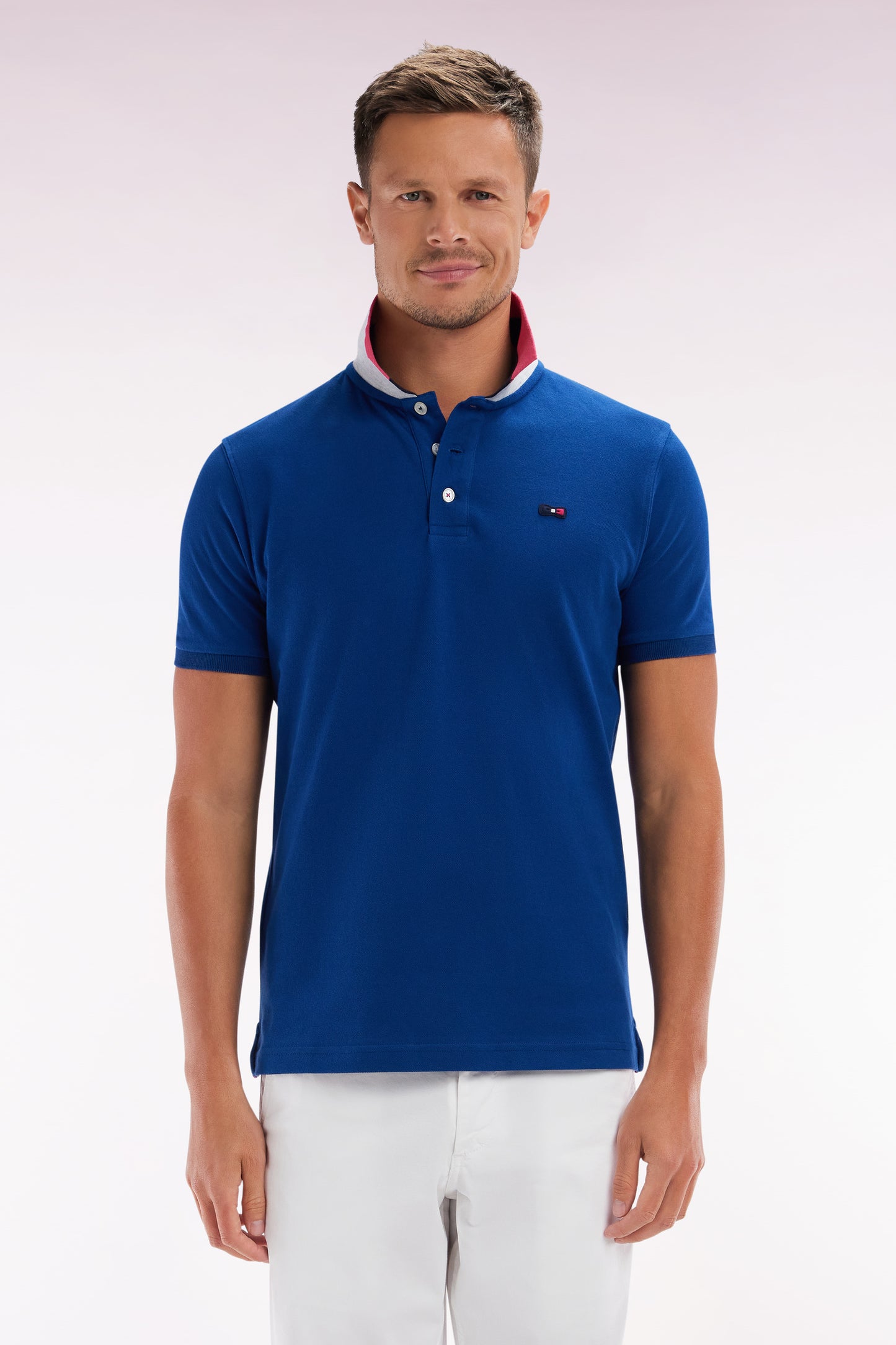 Straight-fit short-sleeved polo shirt in blue cotton with two-tone Eden Park jacquard collar