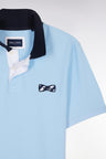 Straight-fit short-sleeved polo shirt in sky blue cotton with striped undercollar