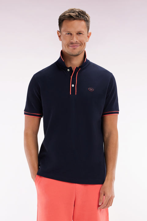 Relaxed-fit short-sleeved polo shirt in coral cotton with colorful stripes - Image 1