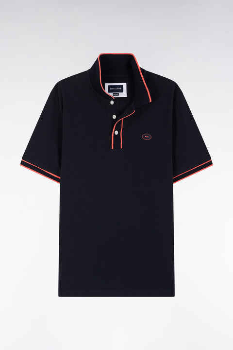 Relaxed-fit short-sleeved polo shirt in coral cotton with colorful stripes - Image 2