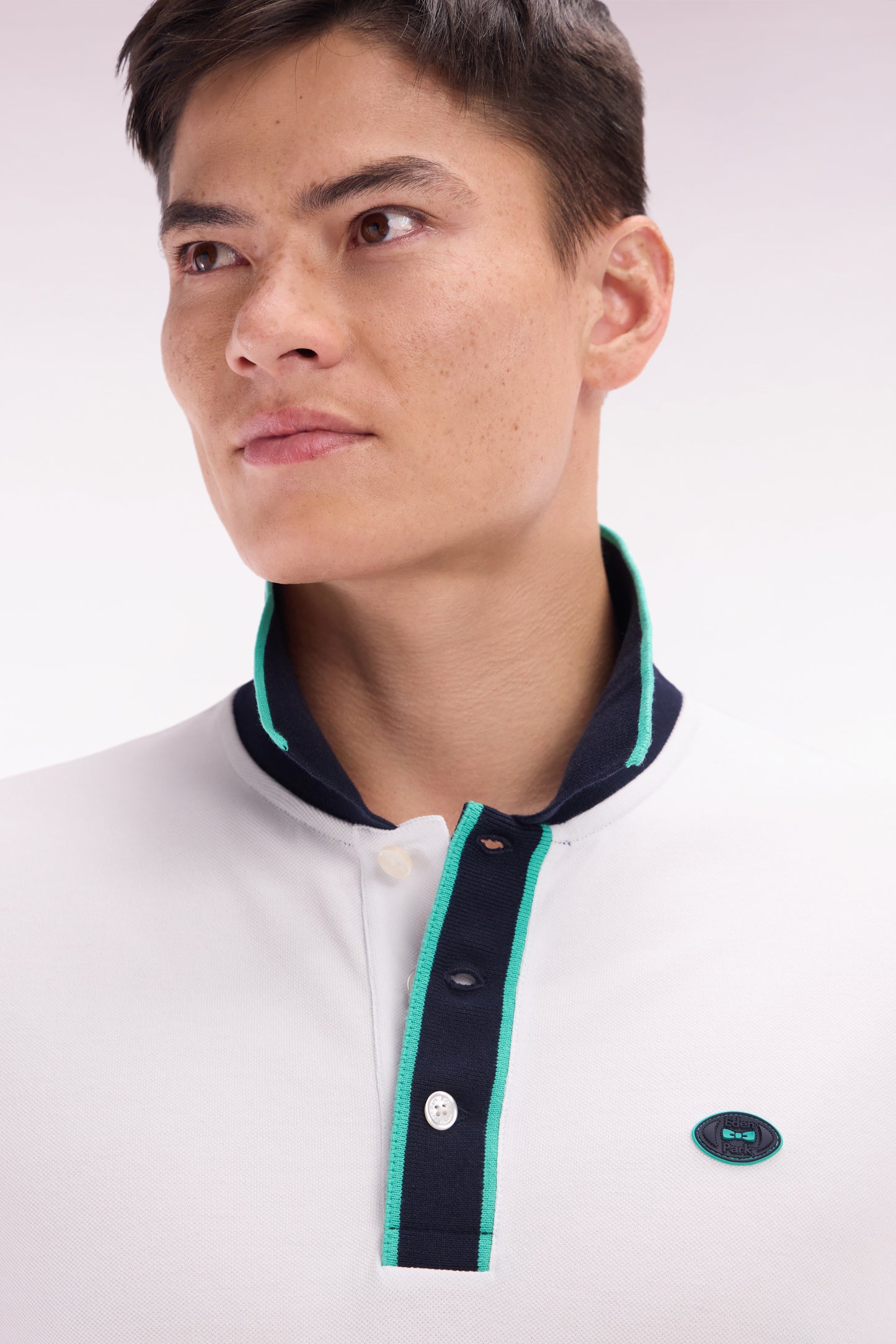 Relaxed-fit short-sleeved polo shirt in green cotton with colorful stripes
