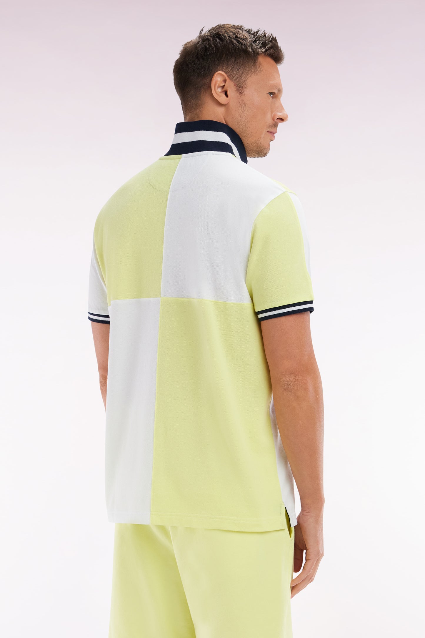 Relaxed-fit cut and sew short-sleeved polo shirt in yellow cotton