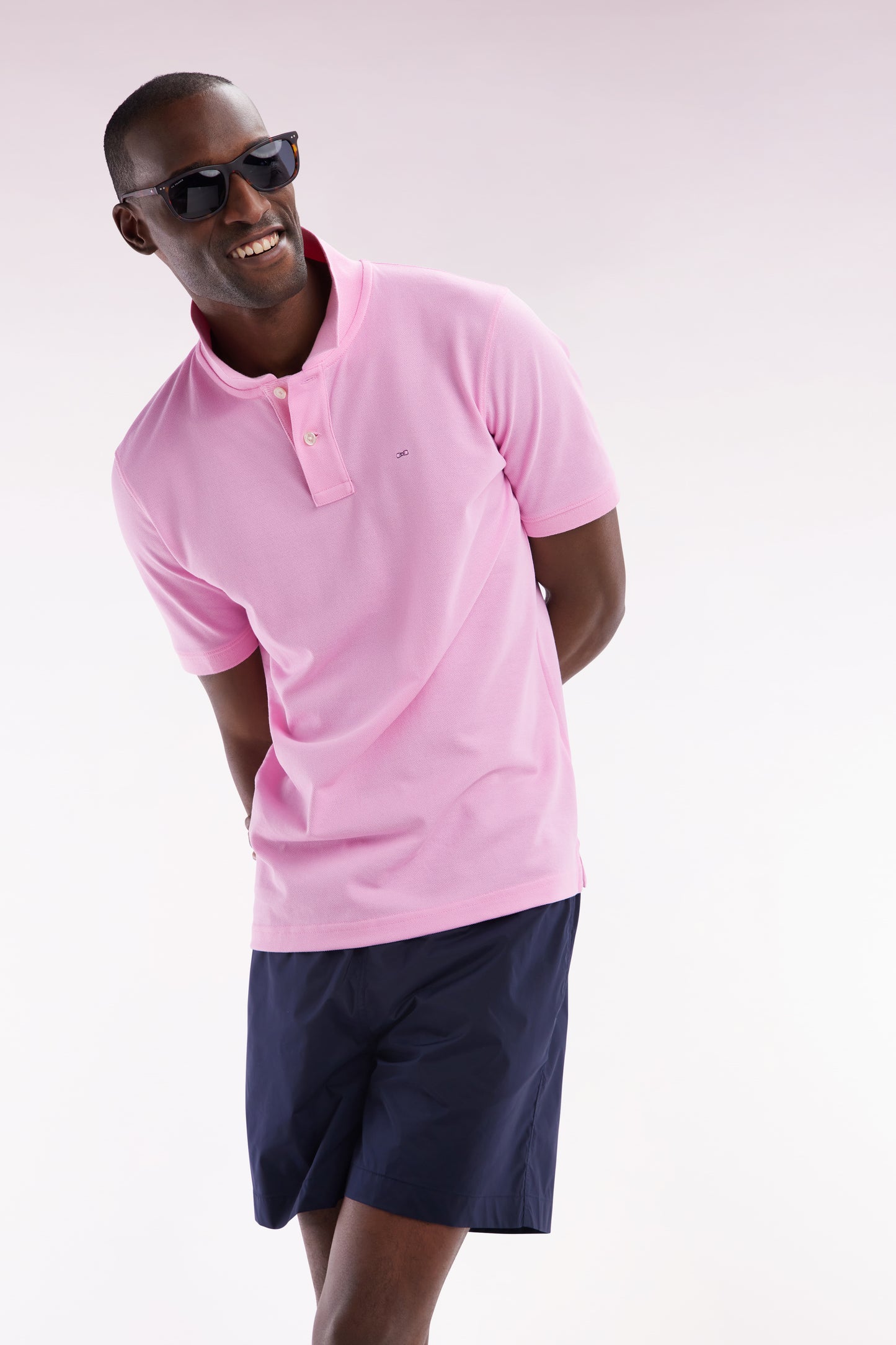Straight-fit short-sleeved polo shirt in pink Pima cotton