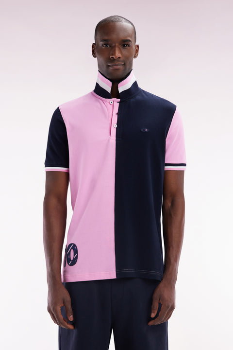 Straight-fit short-sleeved polo shirt in two-tone pink and navy cotton - Image 1