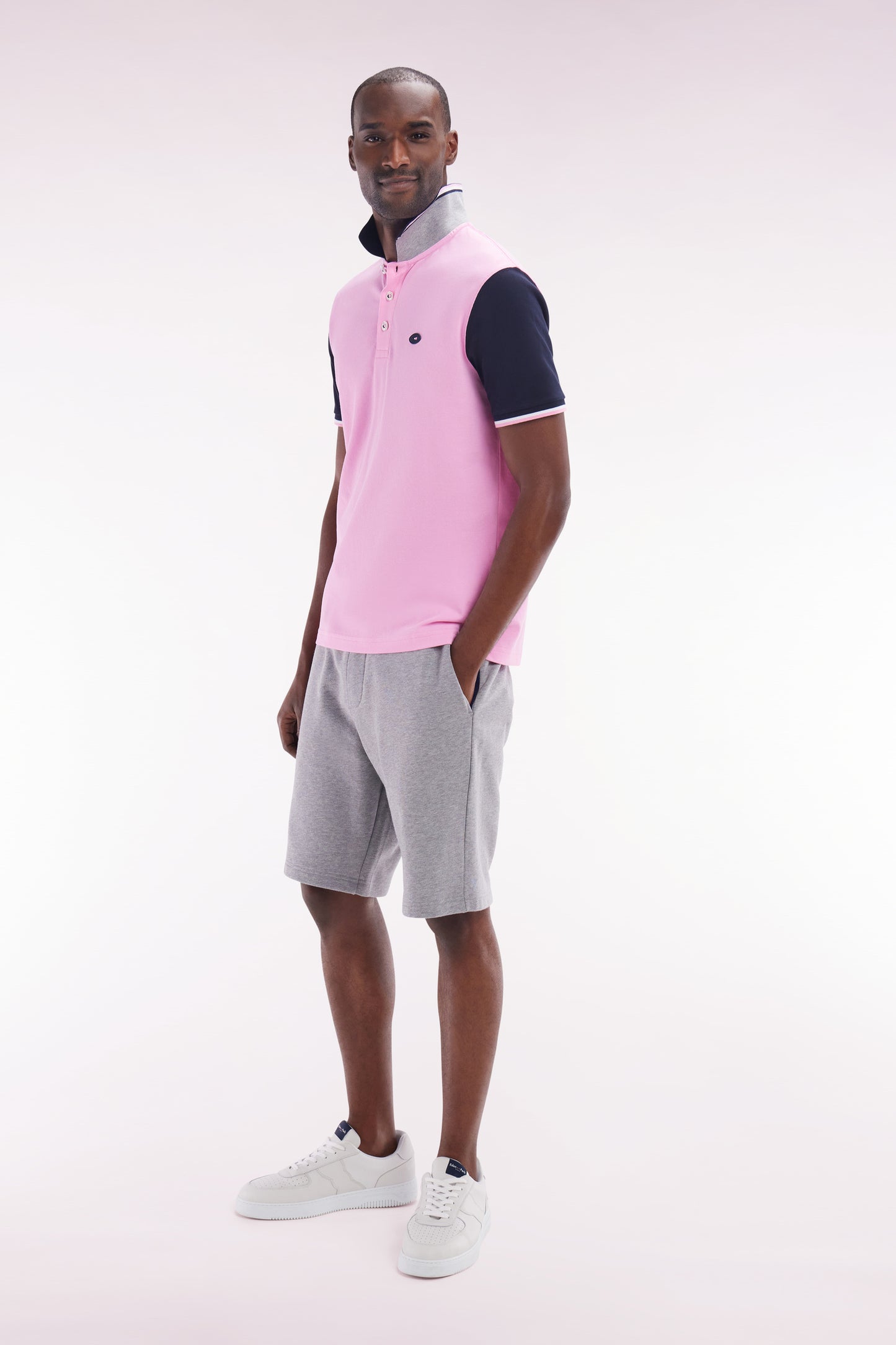 Straight-fit short-sleeved polo shirt in navy cotton piqué with 10 embroidery