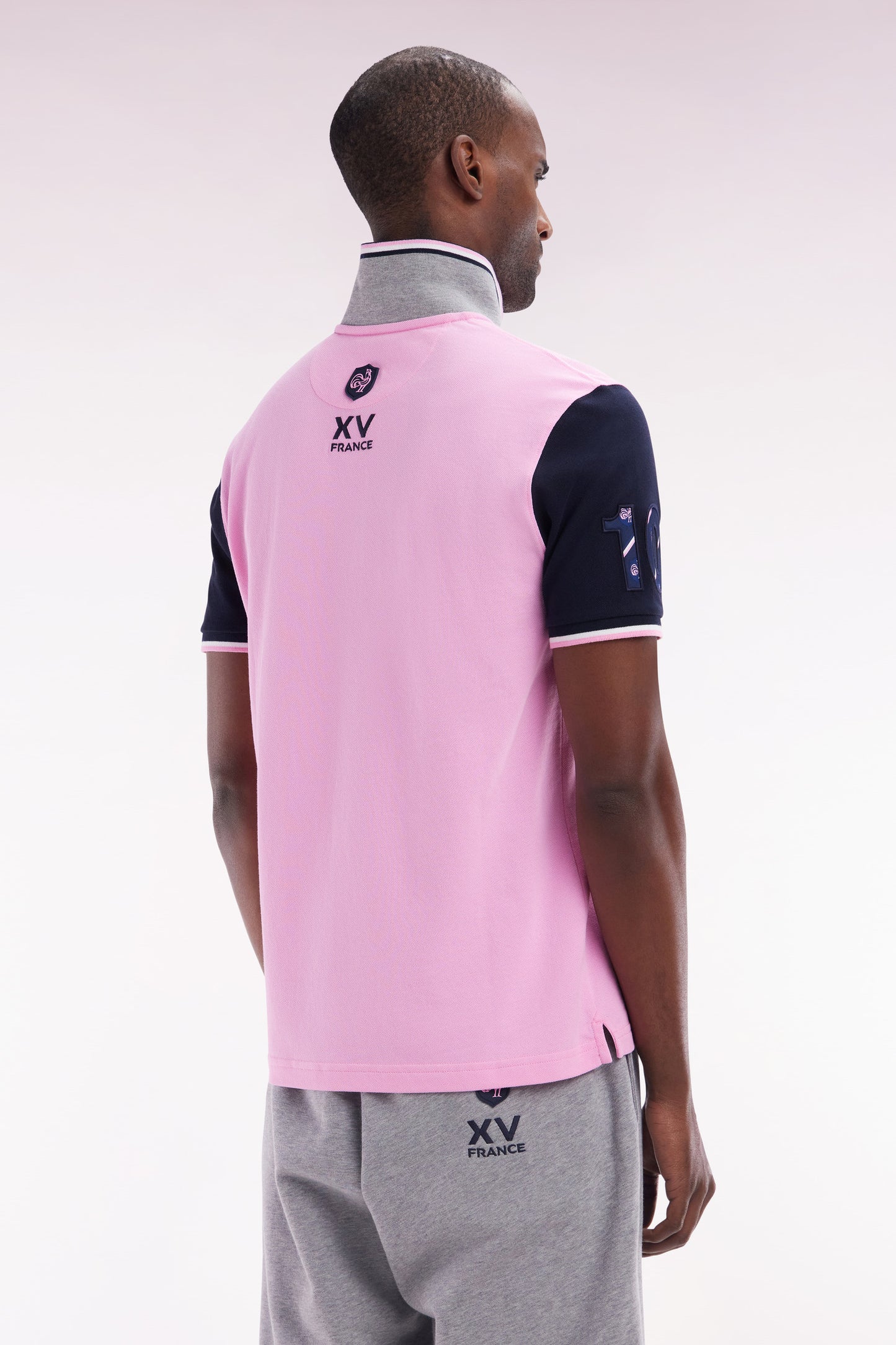 Straight-fit short-sleeved polo shirt in navy cotton piqué with 10 embroidery