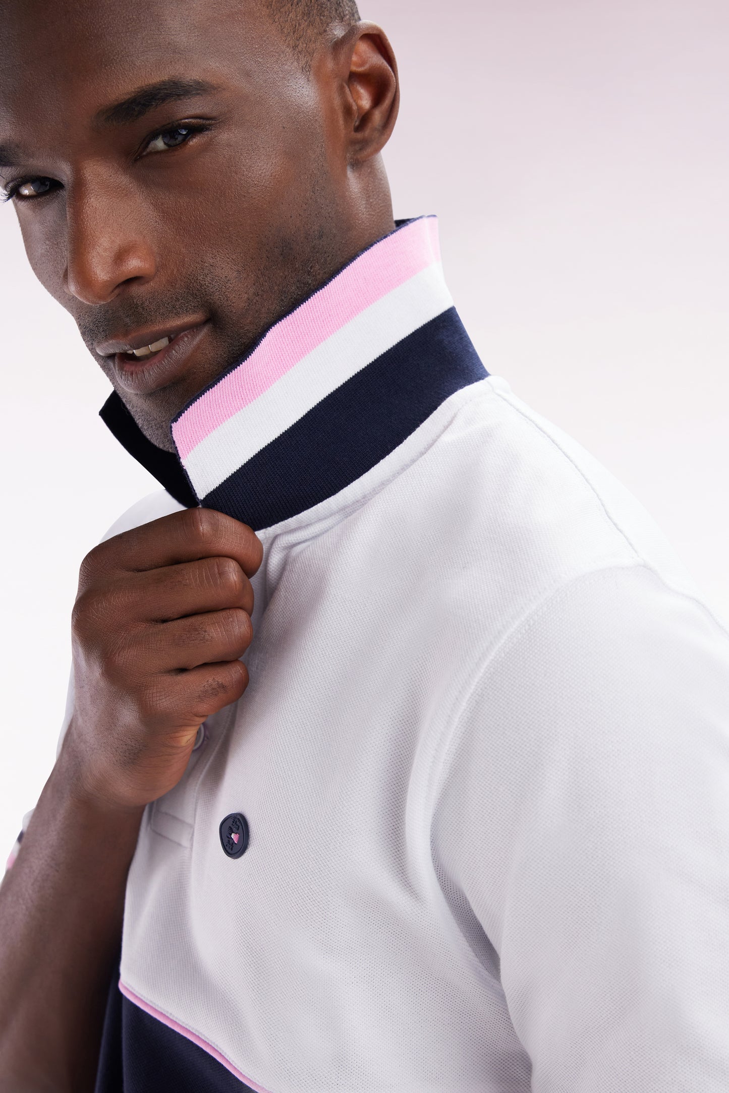 Straight-fit short-sleeved polo shirt in two-tone navy and white cotton piqué