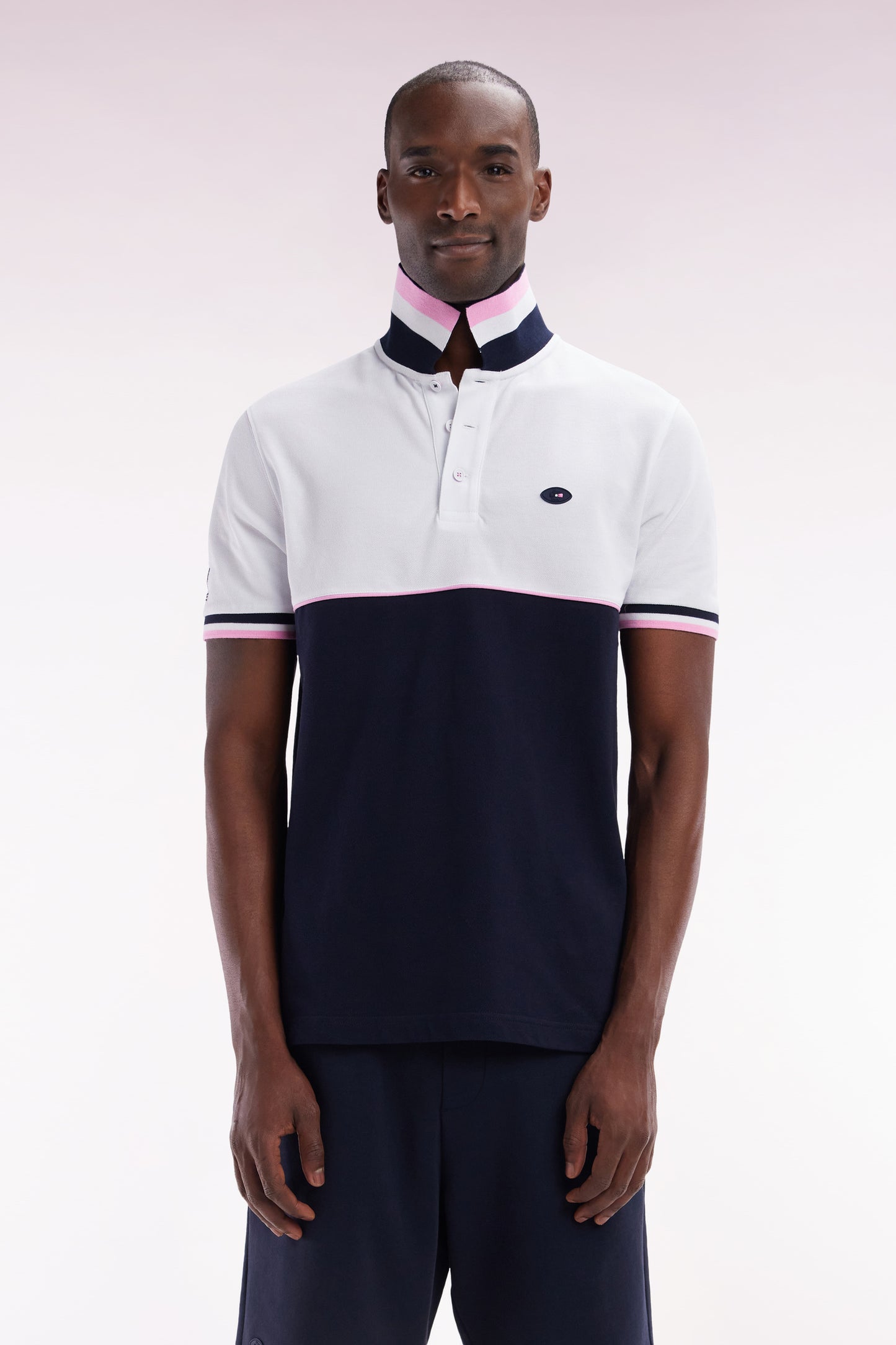 Straight-fit short-sleeved polo shirt in two-tone navy and white cotton piqué