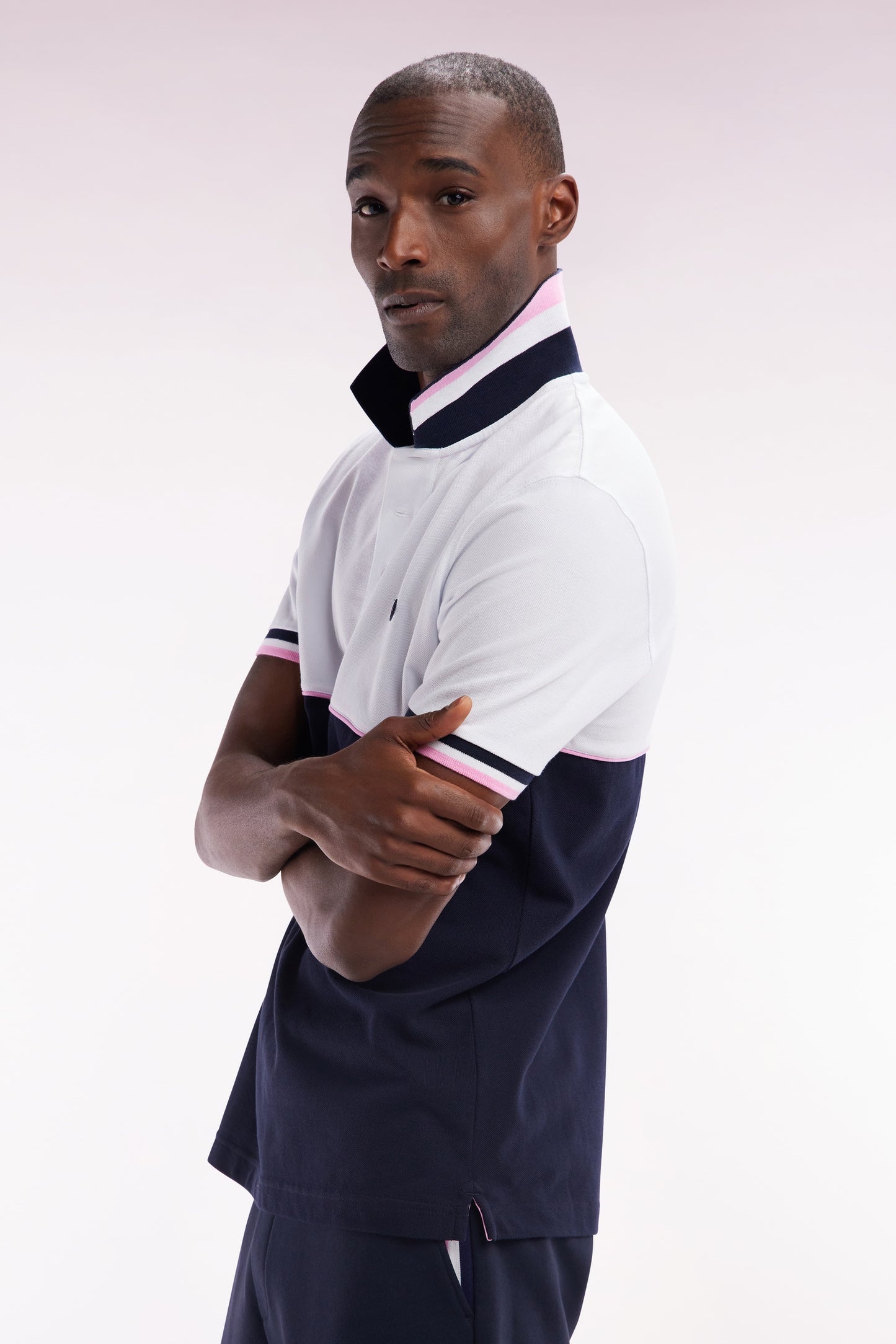 Straight-fit short-sleeved polo shirt in two-tone navy and white cotton piqué