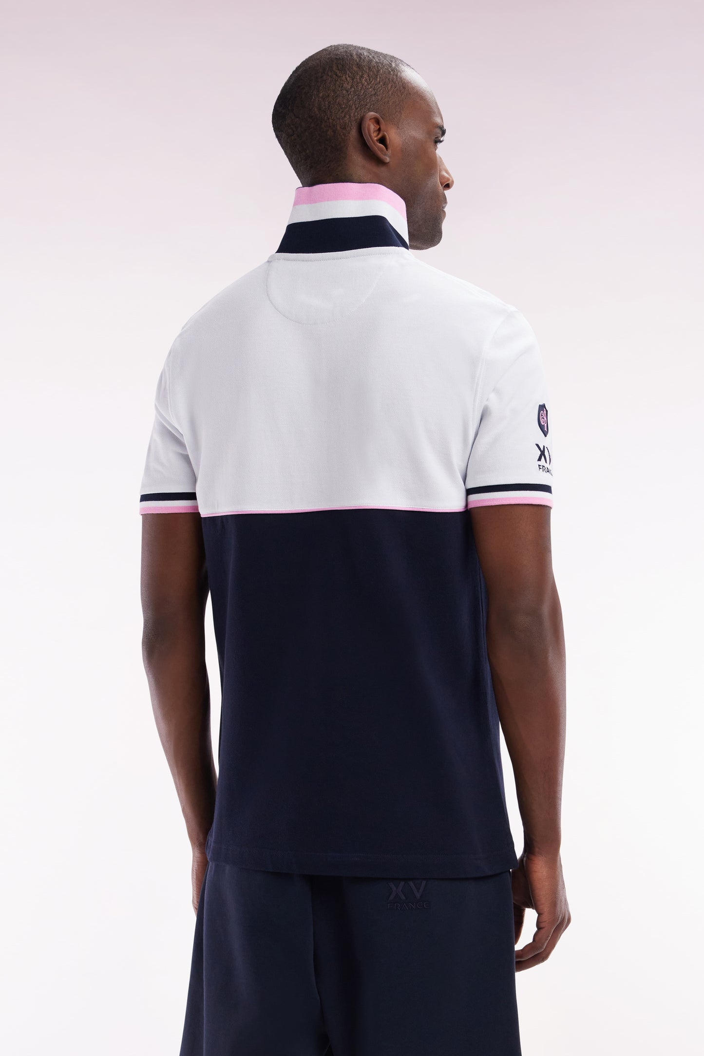 Straight-fit short-sleeved polo shirt in two-tone navy and white cotton piqué