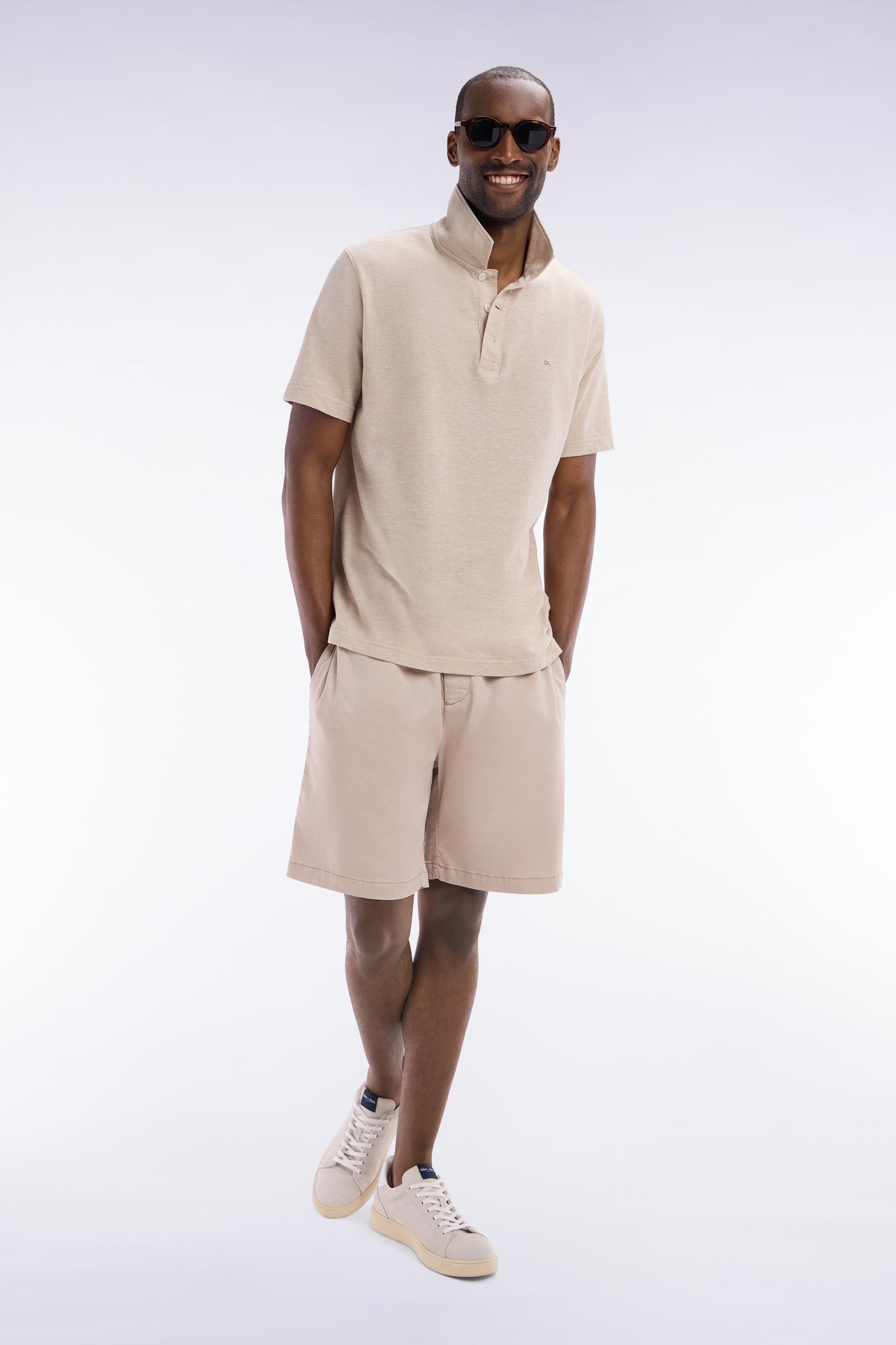 Straight-fit short-sleeved polo shirt in beige cotton-linen blend