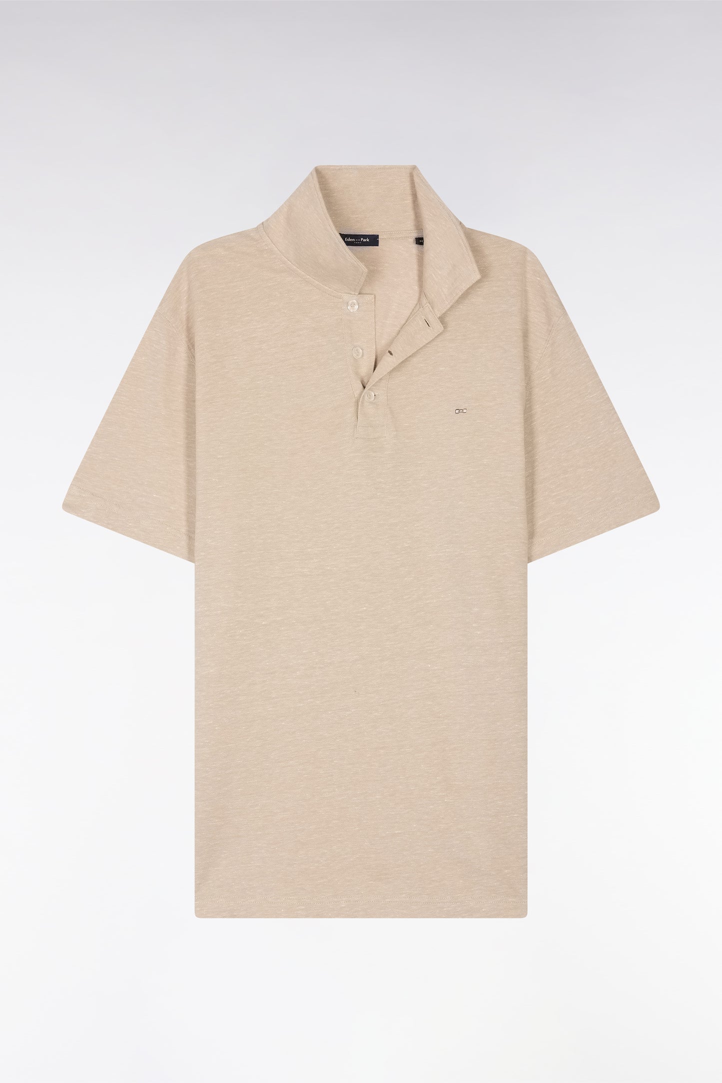 Straight-fit short-sleeved polo shirt in beige cotton-linen blend