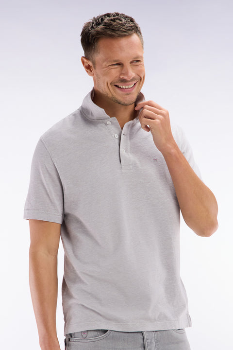 Straight-fit short-sleeved polo shirt in light grey cotton-linen blend - Image 3