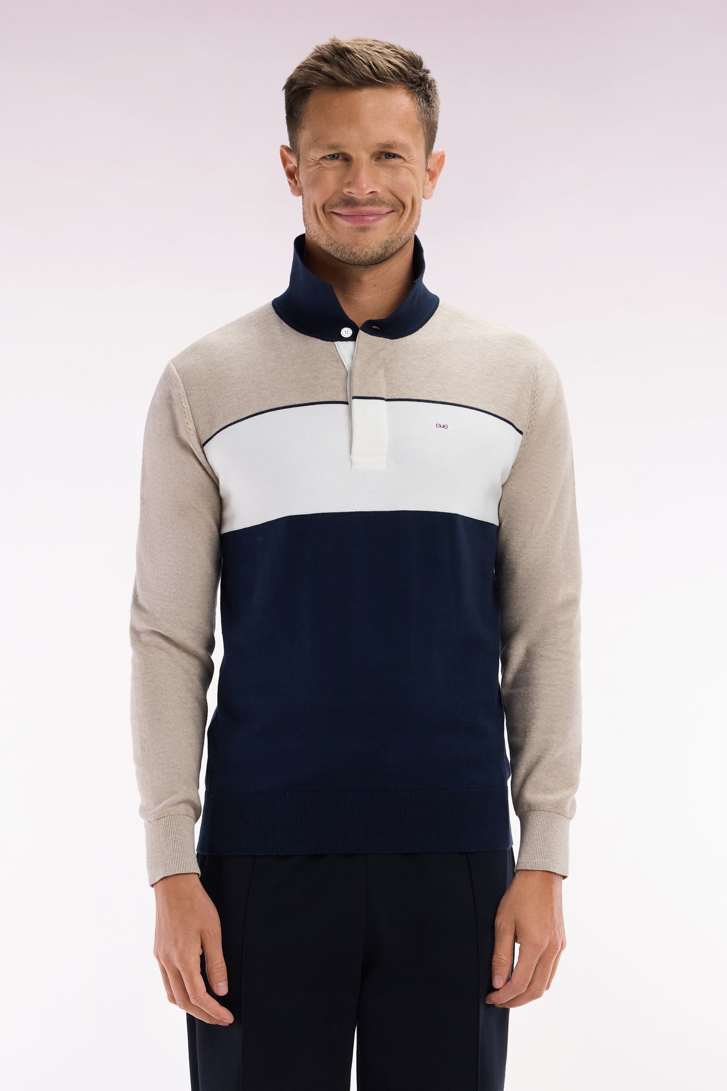 Straight-fit beige cotton jumper with a rugby-style collar