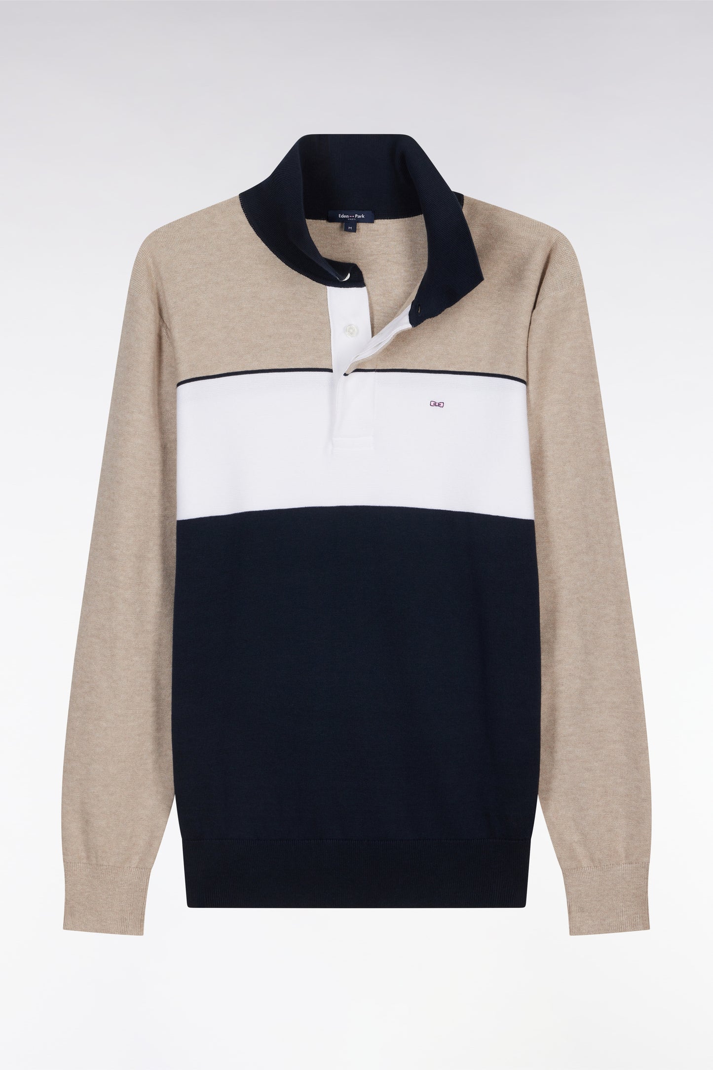 Straight-fit beige cotton jumper with a rugby-style collar