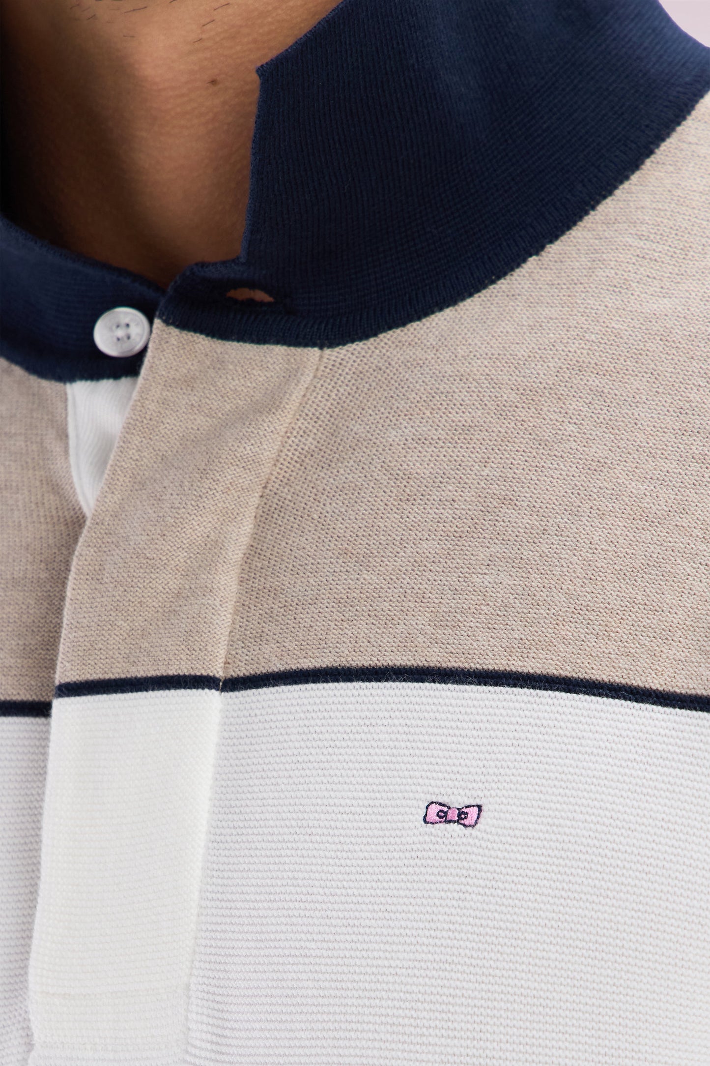 Straight-fit beige cotton jumper with a rugby-style collar