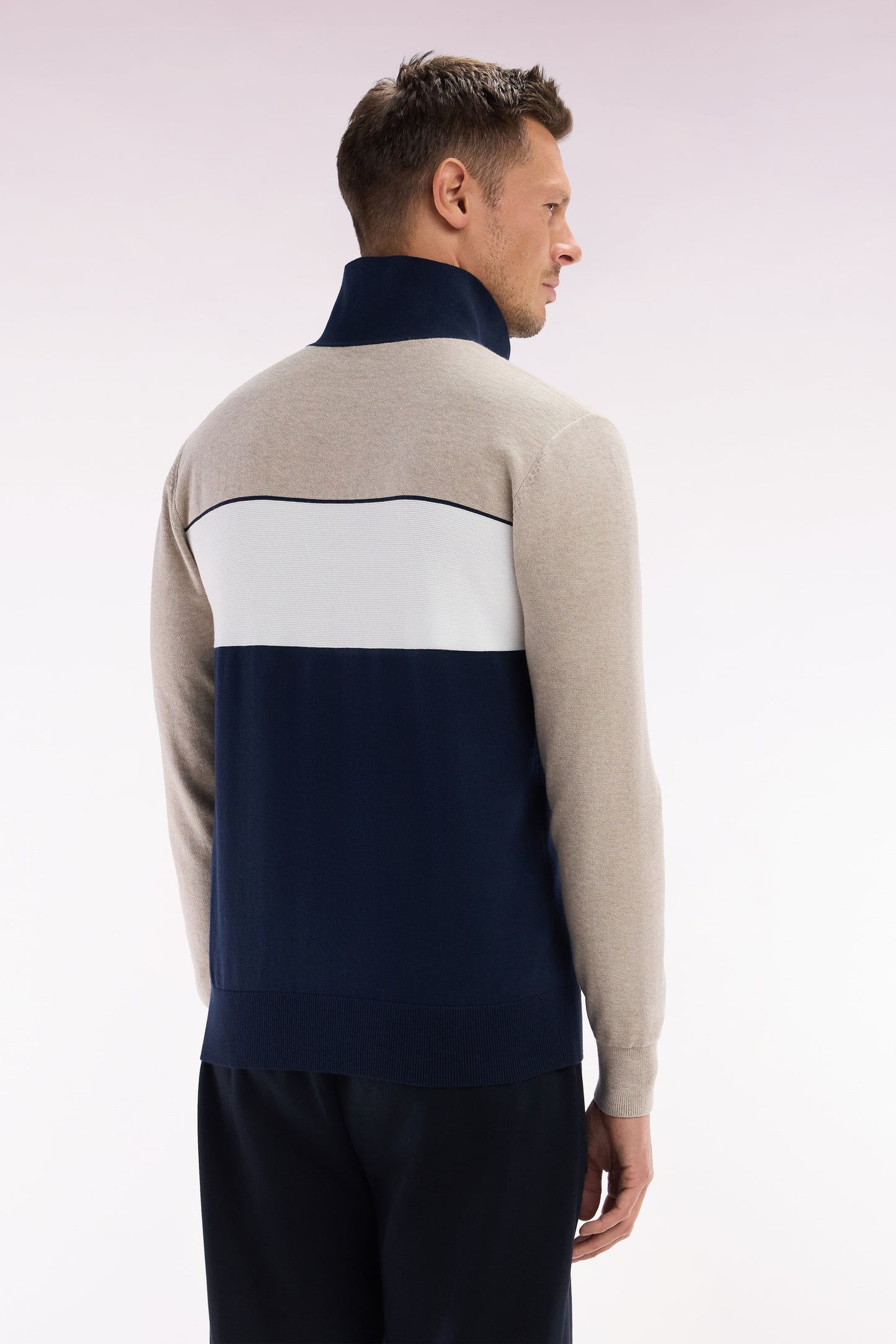 Straight-fit beige cotton jumper with a rugby-style collar