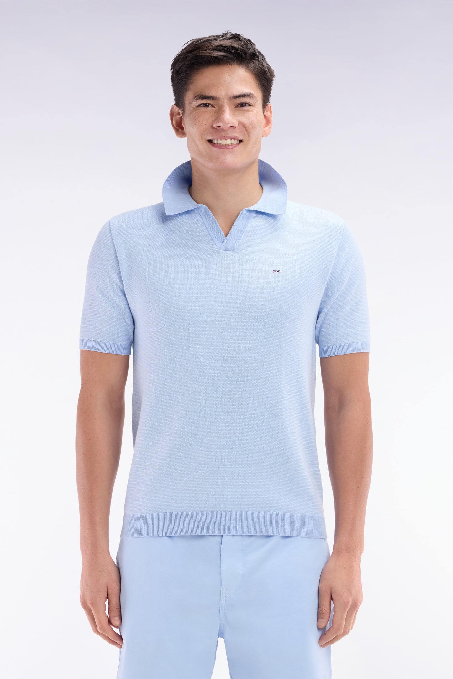 Straight-cut sky blue cotton polo neck jumper