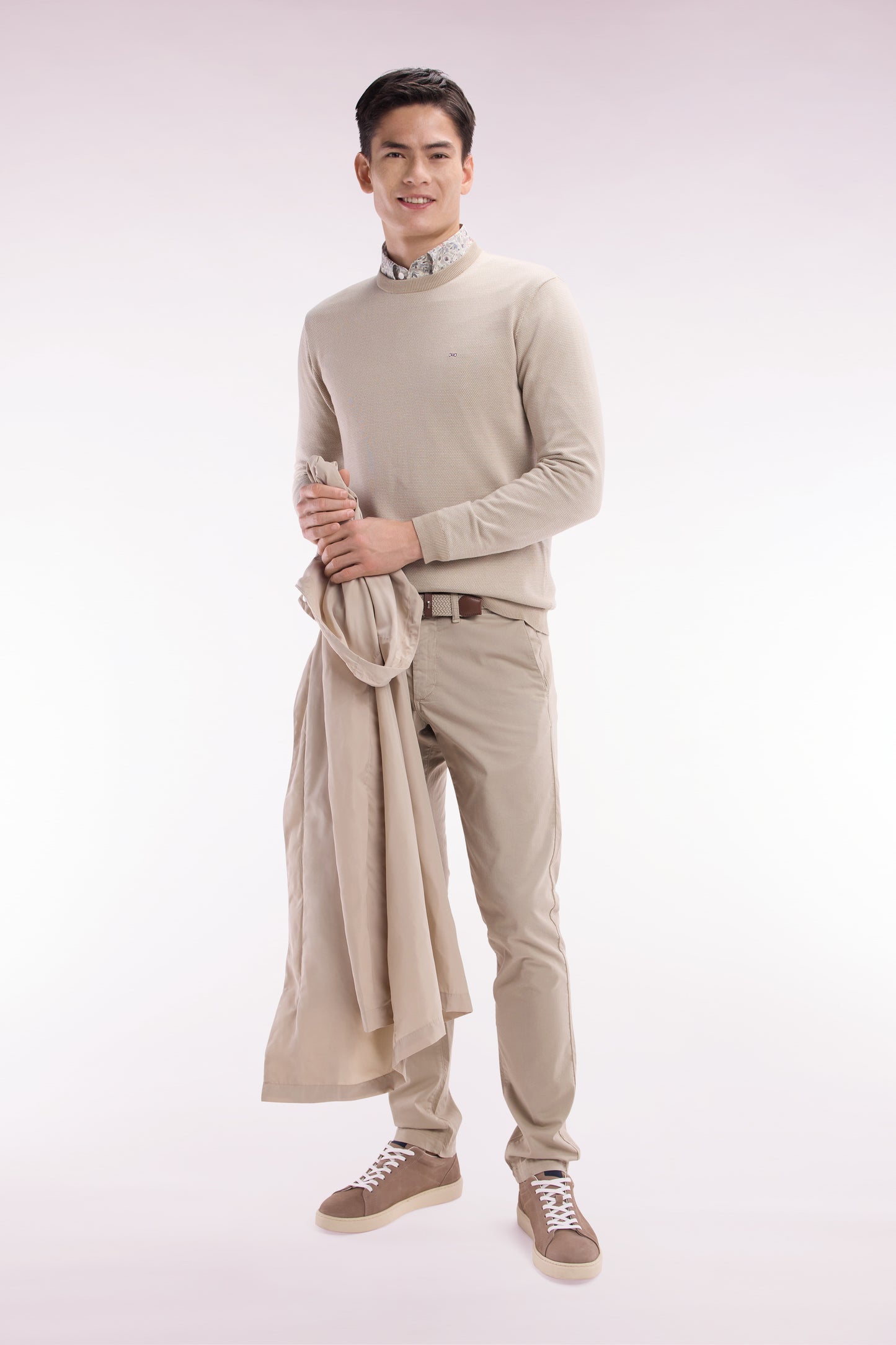 Straight-fit round neck cotton jumper in beige cotton