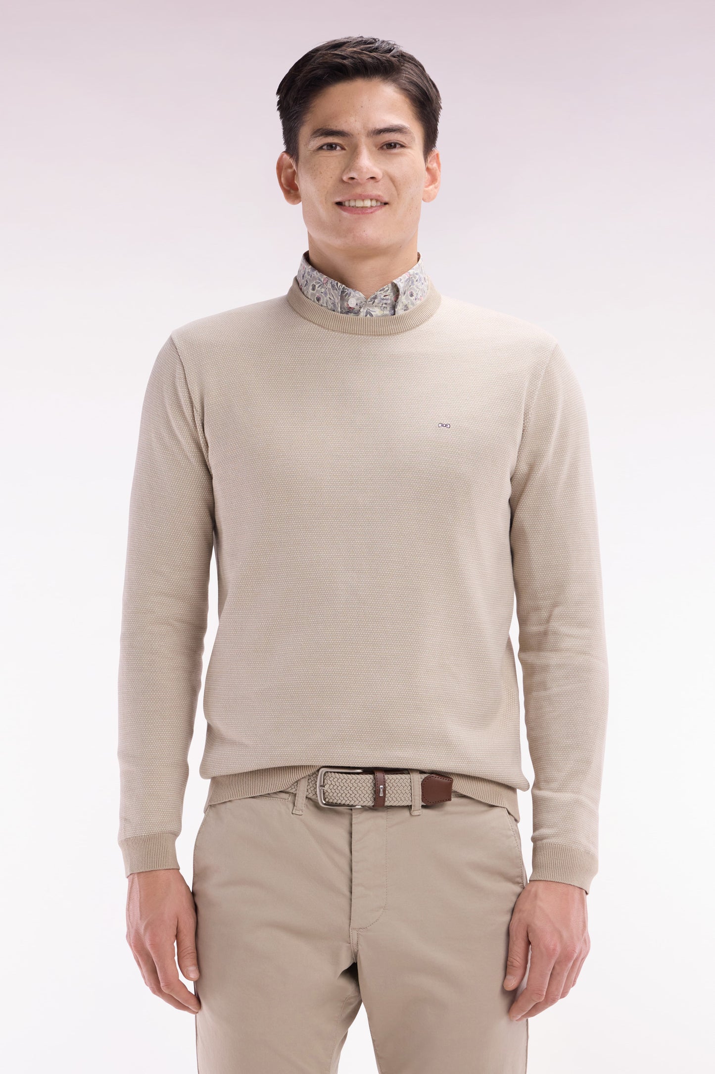 Straight-fit round neck cotton jumper in beige cotton