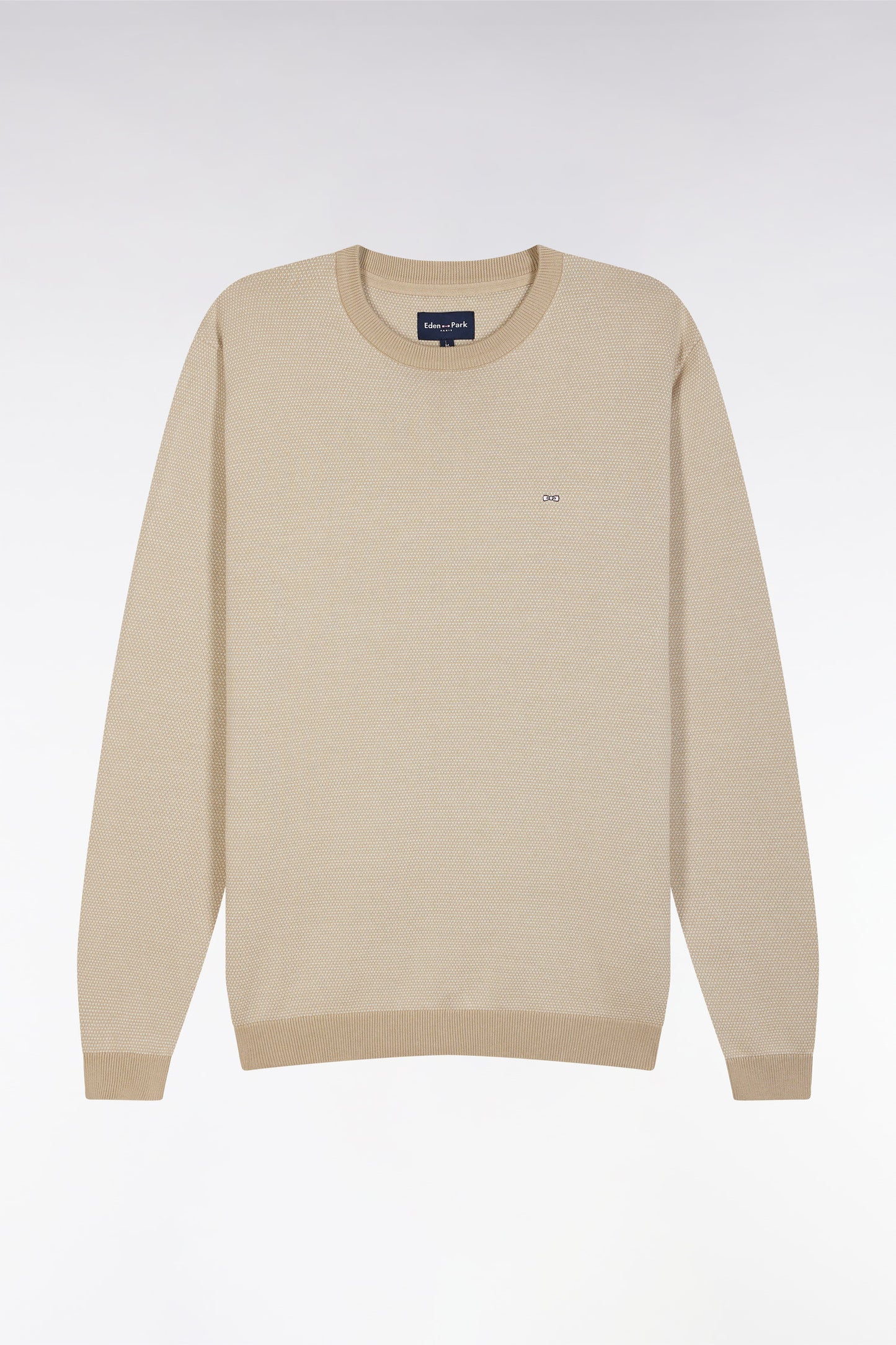 Straight-fit round neck cotton jumper in beige cotton