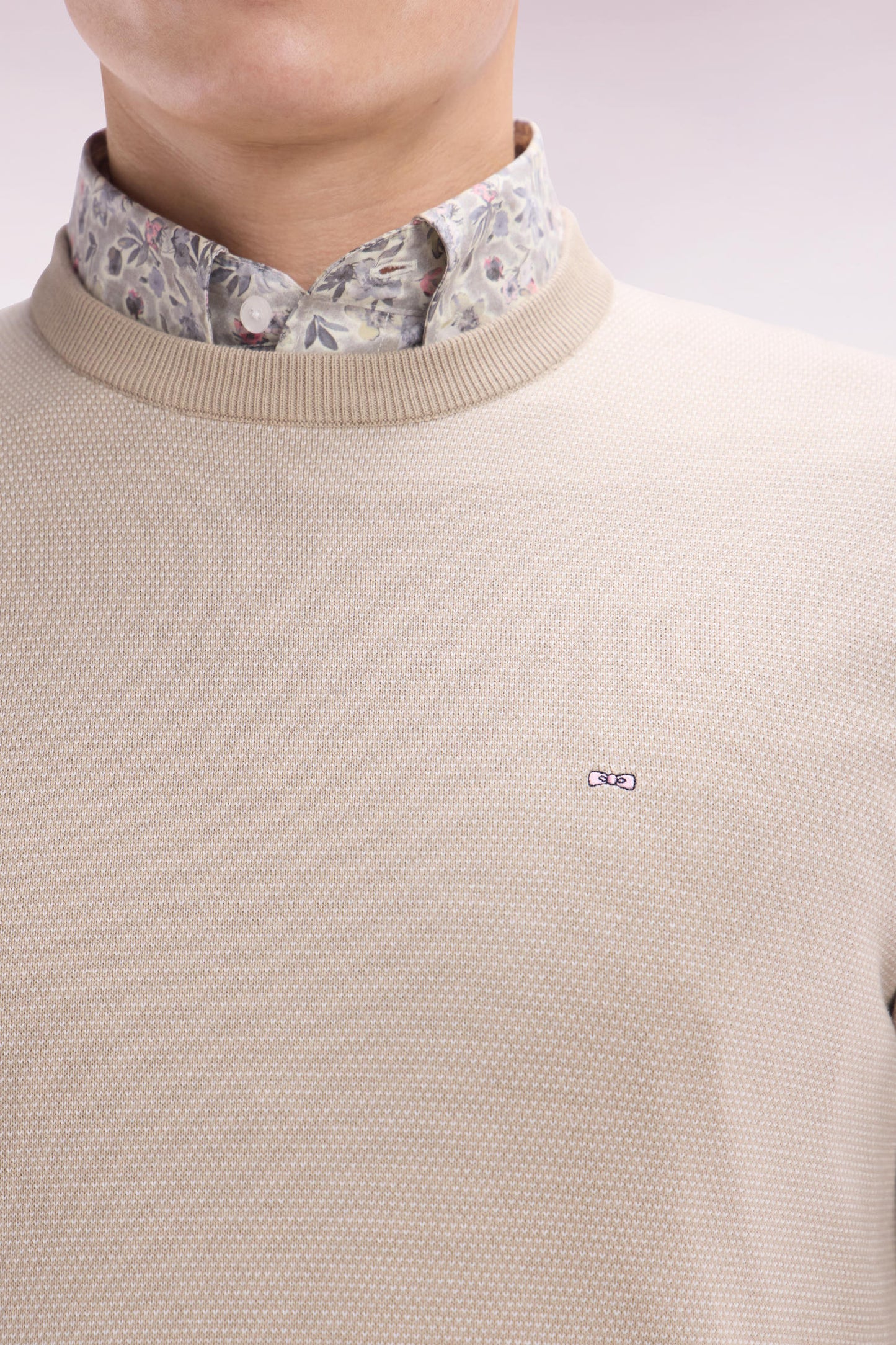 Straight-fit round neck cotton jumper in beige cotton