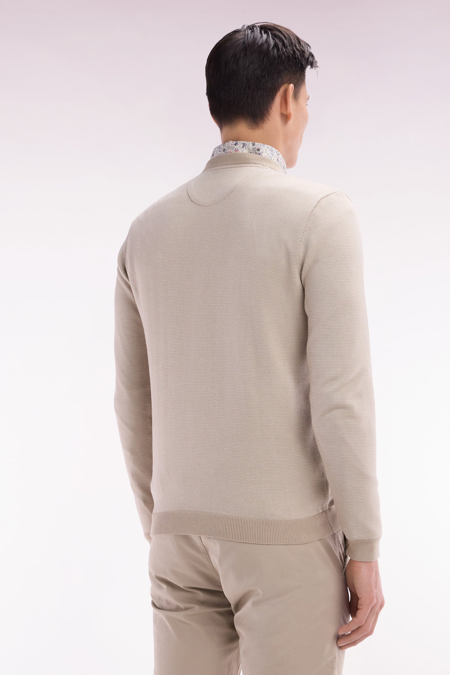 Straight-fit round neck cotton jumper in beige cotton