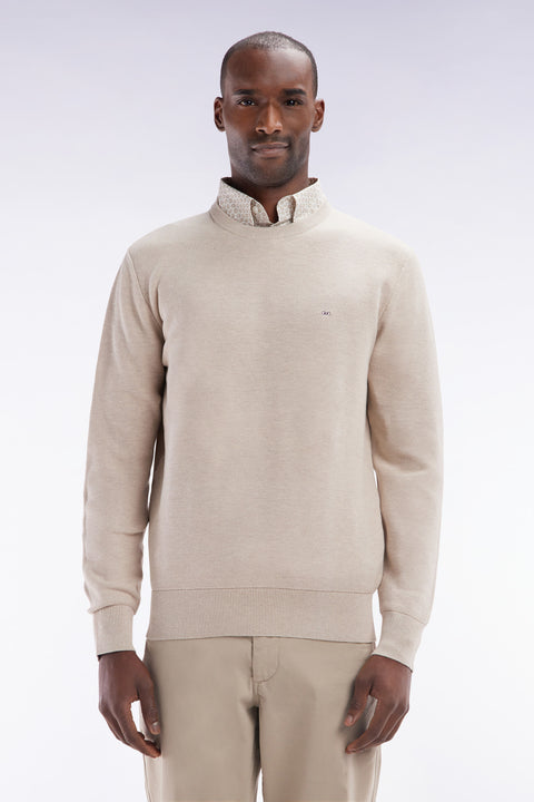 Straight-fit beige honeycomb cotton crew neck jumper - Image 1