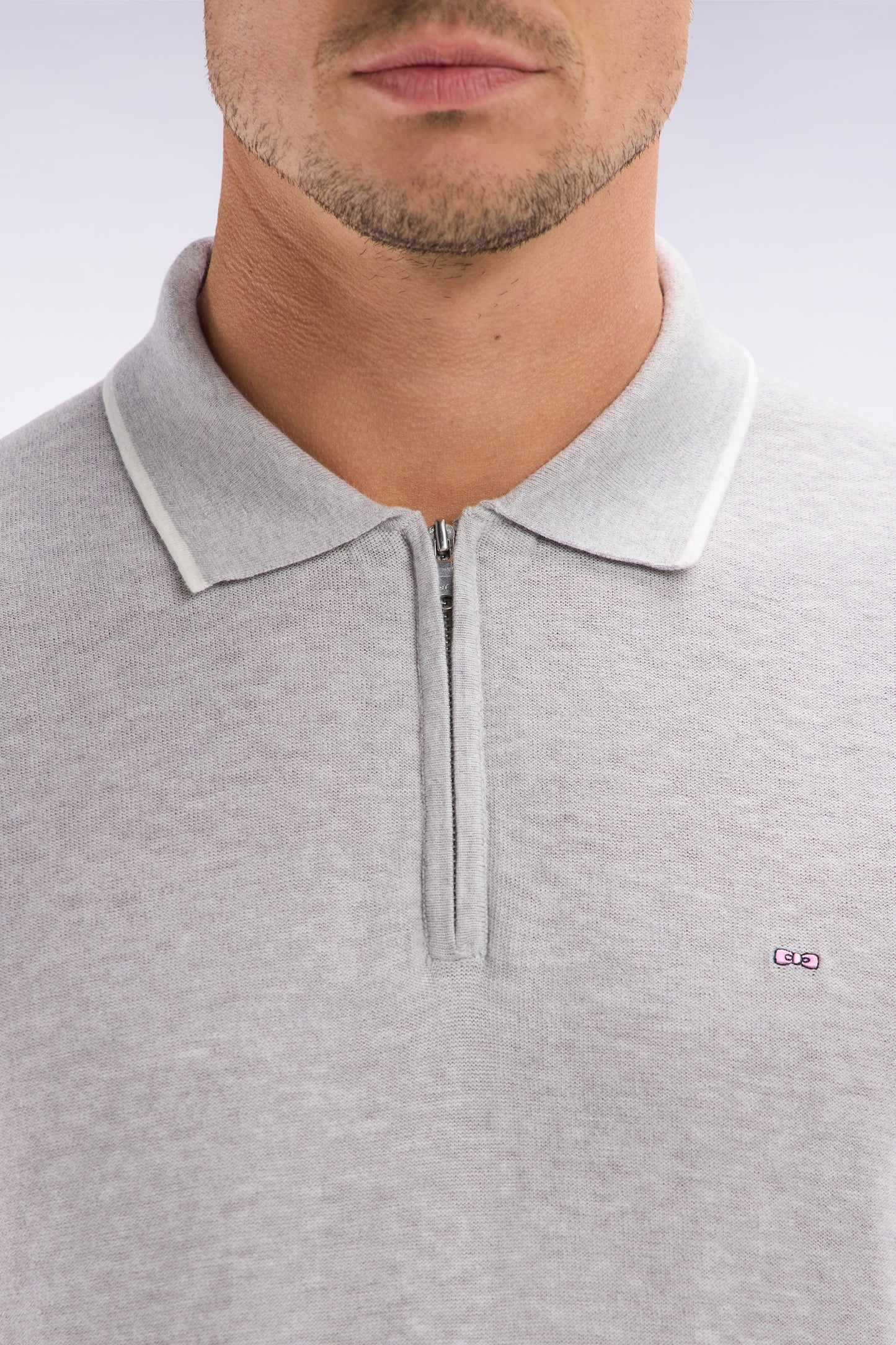 Straight-fit grey polo neck jumper in organic cotton and cashmere blend