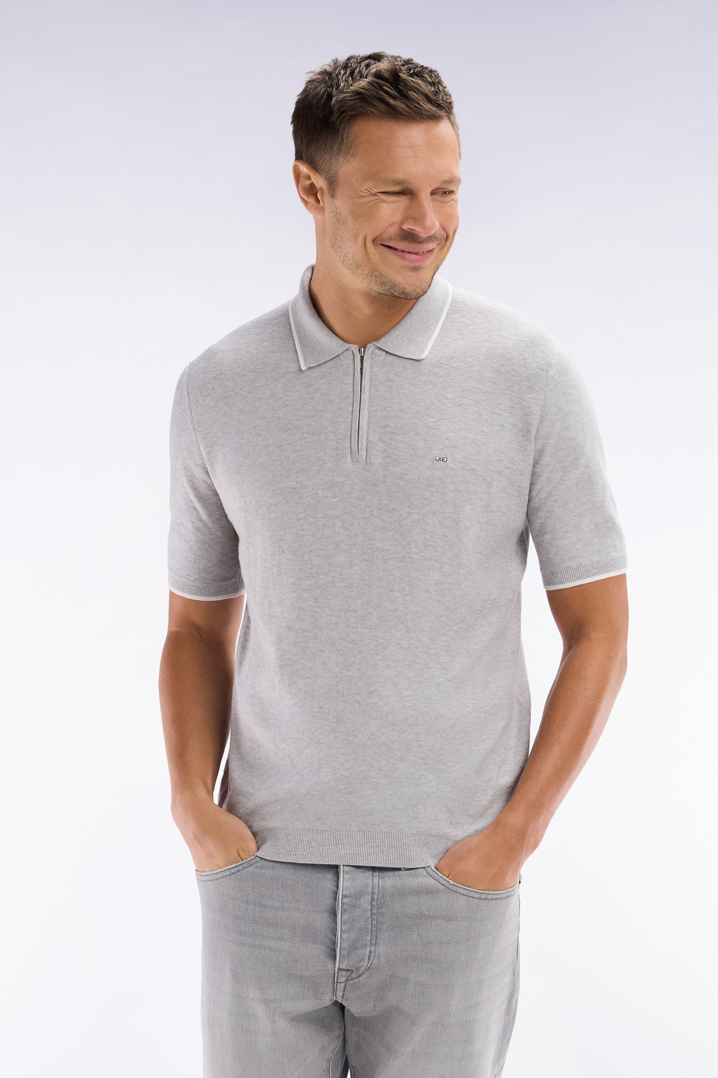 Straight-fit grey polo neck jumper in organic cotton and cashmere blend