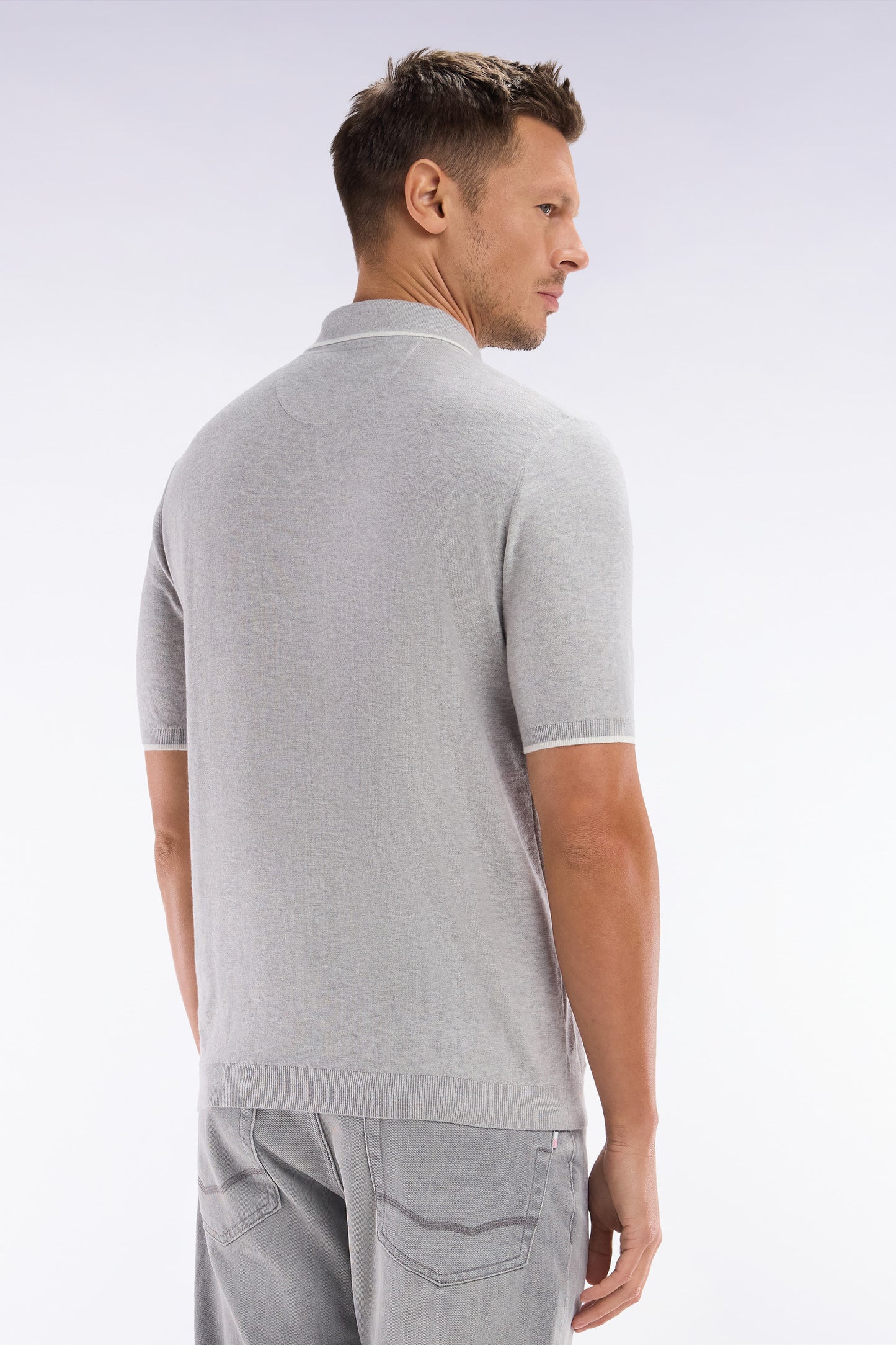 Straight-fit grey polo neck jumper in organic cotton and cashmere blend
