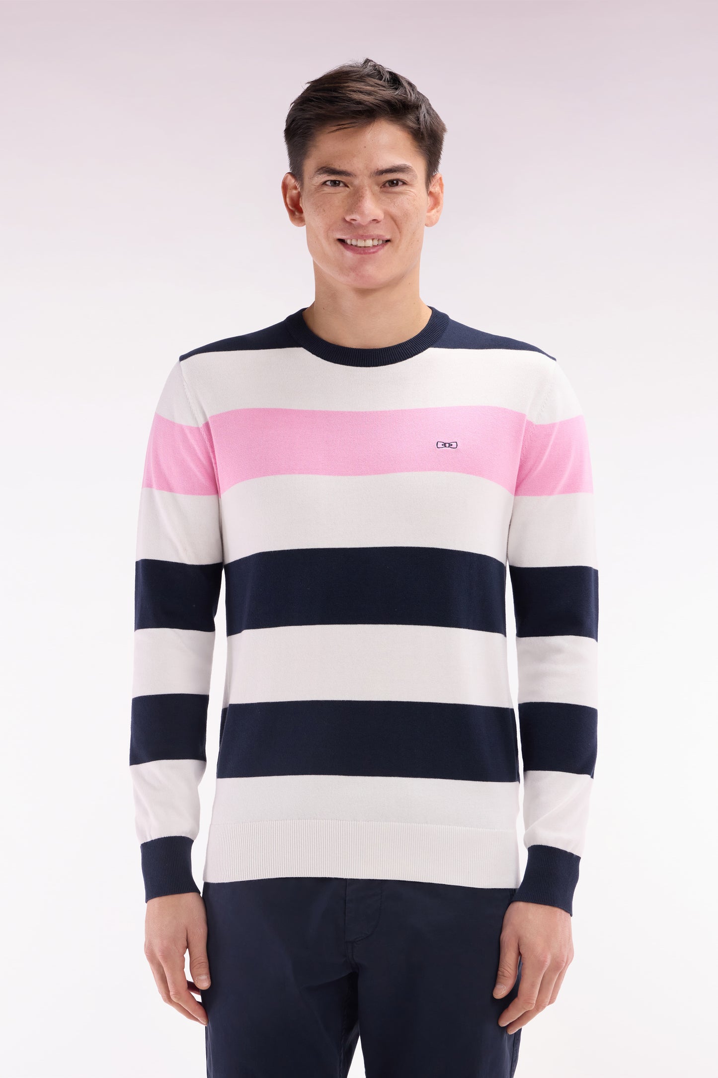 Round collar striped jumper in navy and white cotton