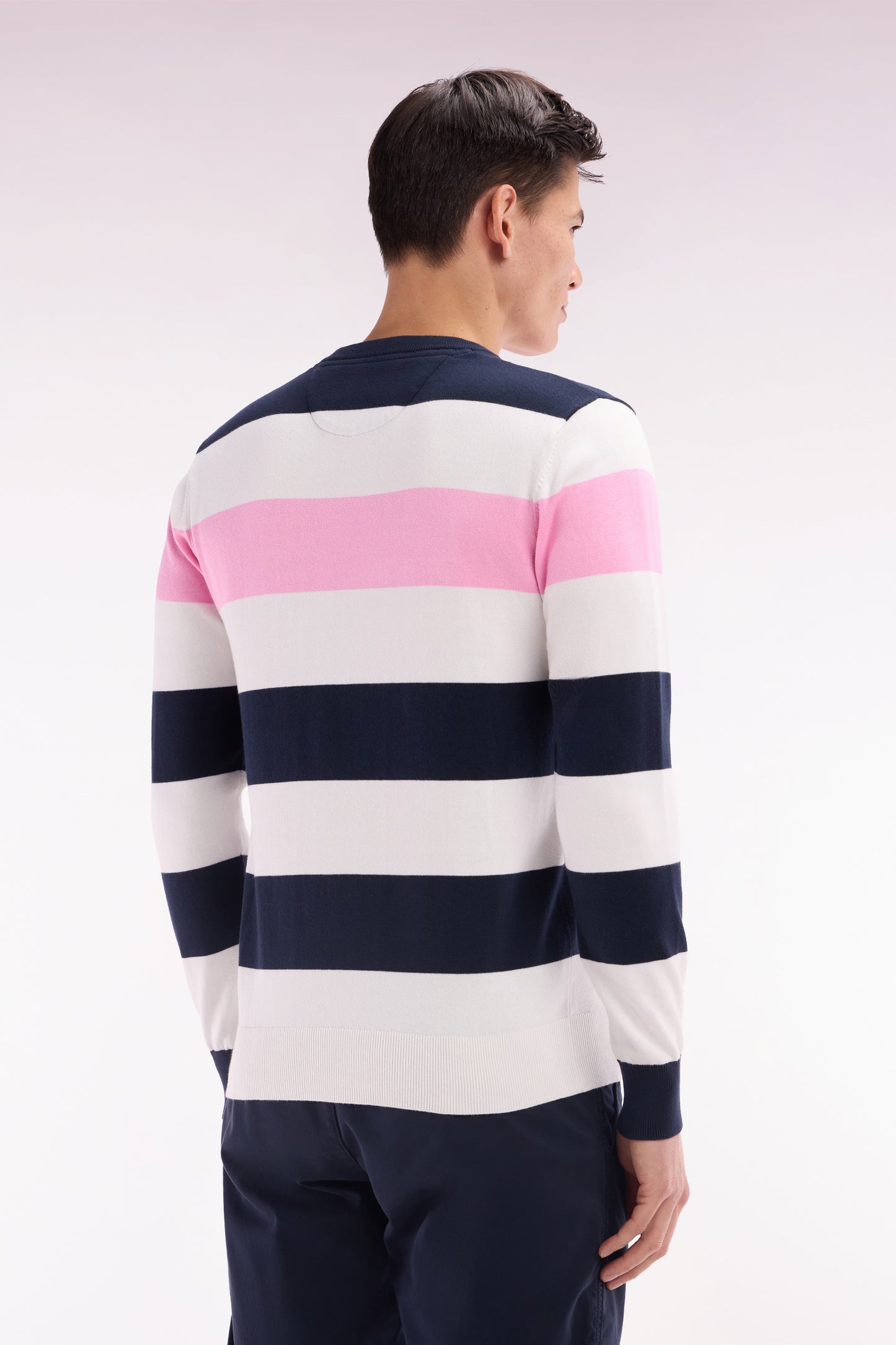 Round collar striped jumper in navy and white cotton