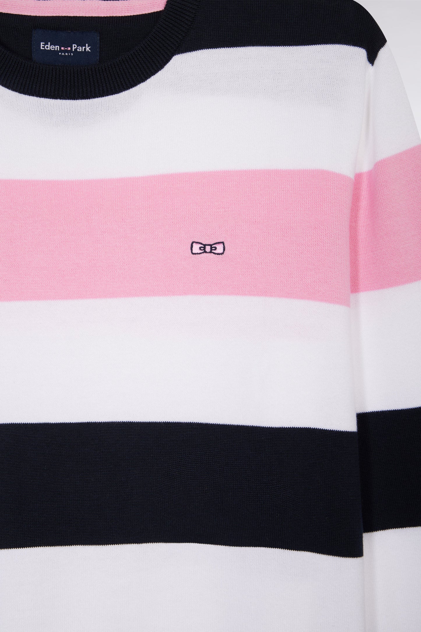 Round collar striped jumper in navy and white cotton