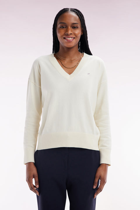 Relaxed-fit beige cotton V-neck jumper - Image 3