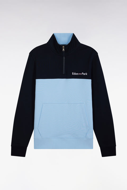 Straight-fit two-tone sky blue and navy cotton trucker collar sweatshirt - Image 2