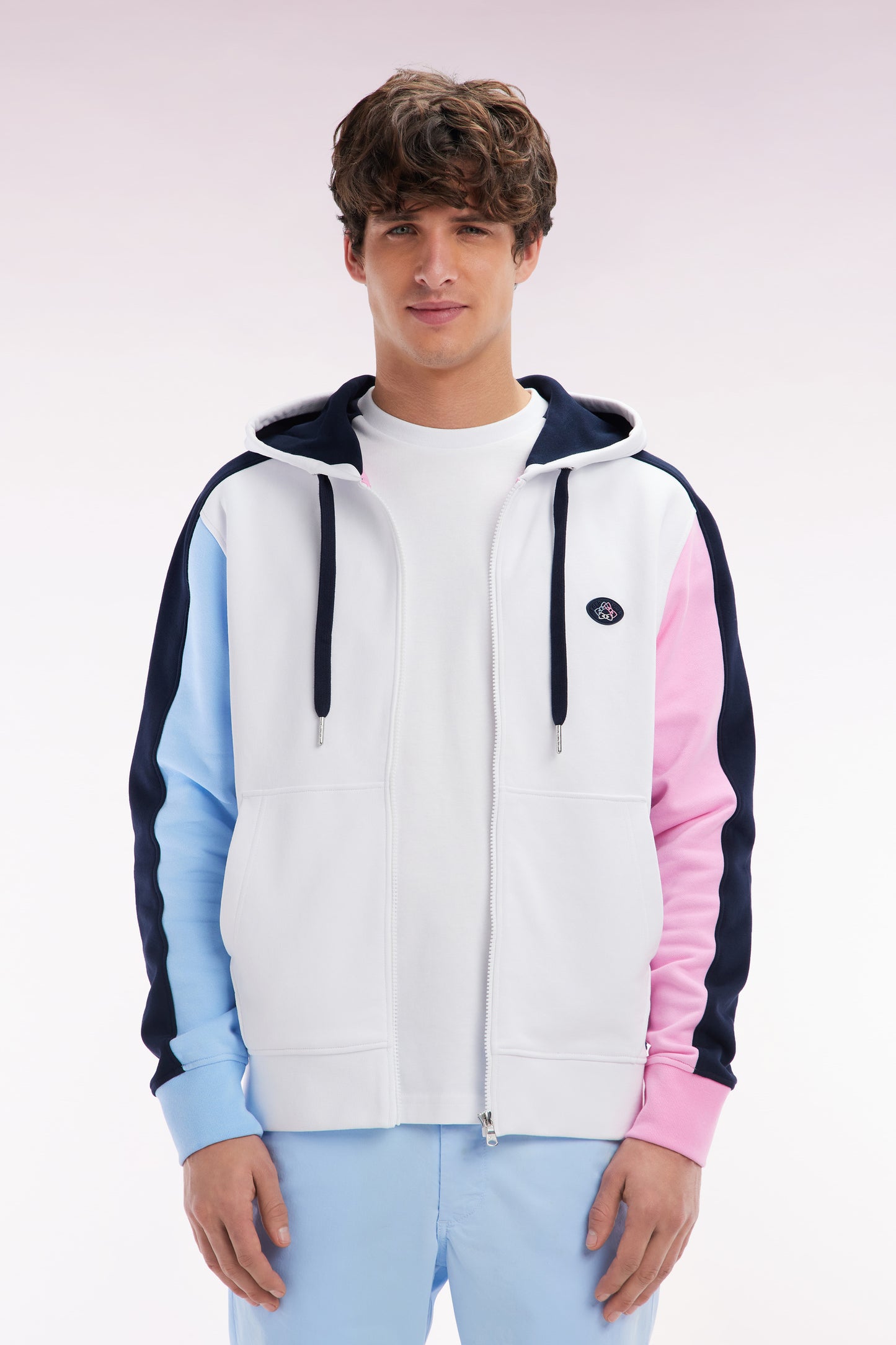 Straight-fit zipped sweatshirt in white colorblock cotton fleece