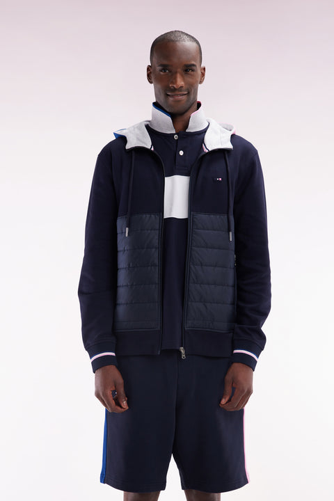 Straight-fit two-material zip-up sweatshirt in navy cotton fleece with quilted facing - Image 1