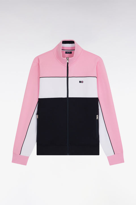 Straight-fit pink tricolor stretch cotton fleece zip-up sweatshirt - Image 1