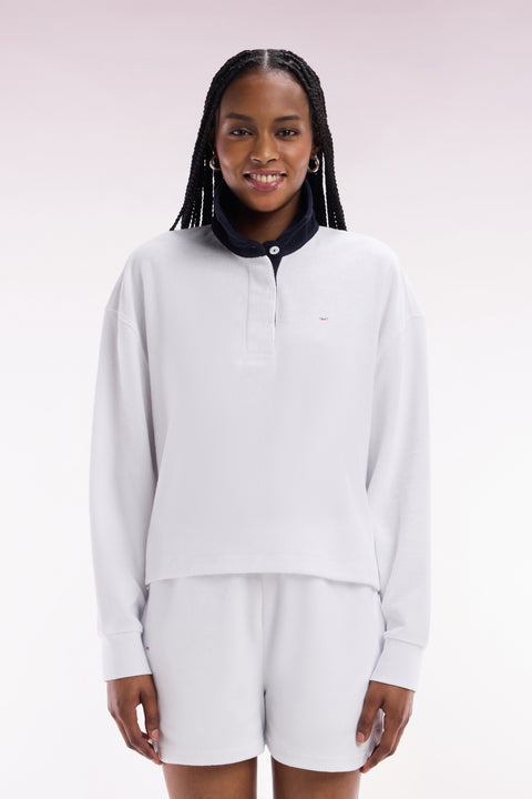 White cotton sweatshirt with navy rugby shirt collar - Image 3
