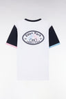 Straight-fit white cotton embroidered colorblock t-shirt