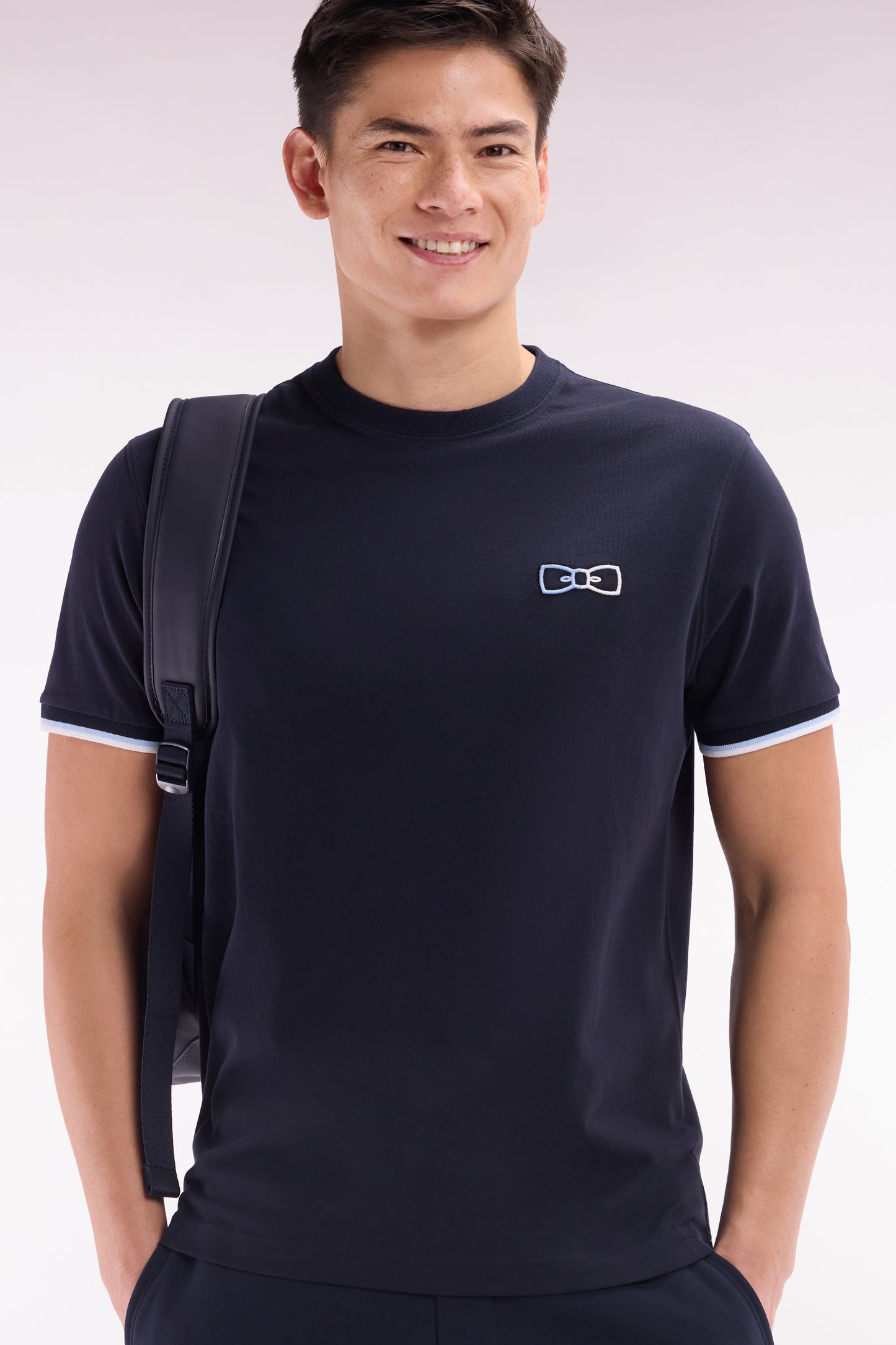 Relaxed-fit navy cotton T-shirt with two-tone embroidery