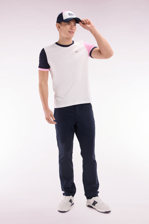 Straight-fit colorblock T-shirt in white cotton with 10 embroidery - Image 1