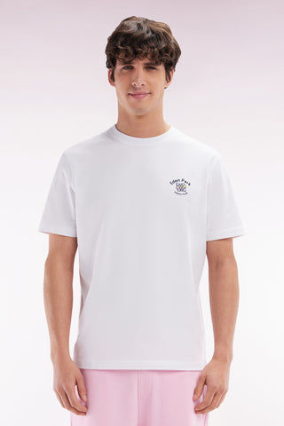 White cotton T-shirt with multicolored embroidery, relaxed fit